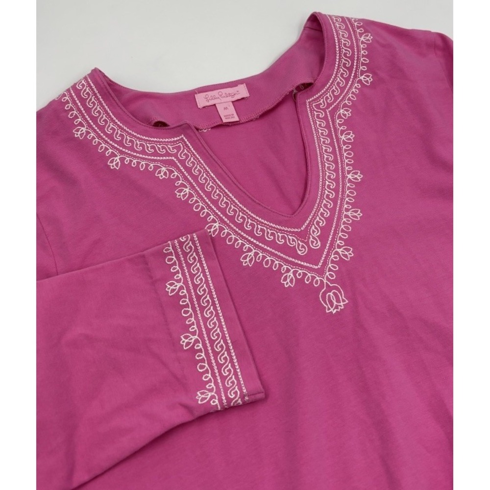 Lily Pulitzer Women's M Cotton Pink V-Neck Embroidered Long Sleeve Blouse